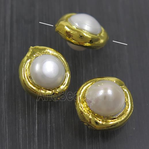 white freshwater Pearl beads, round, gold plated