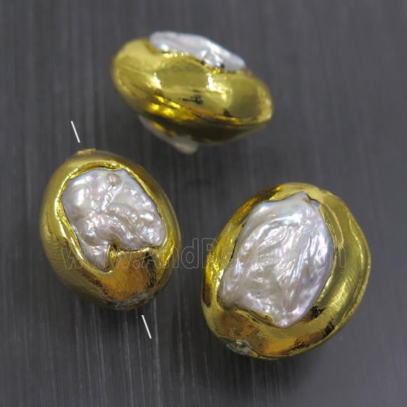white baroque style Pearl beads, freeform, gold plated