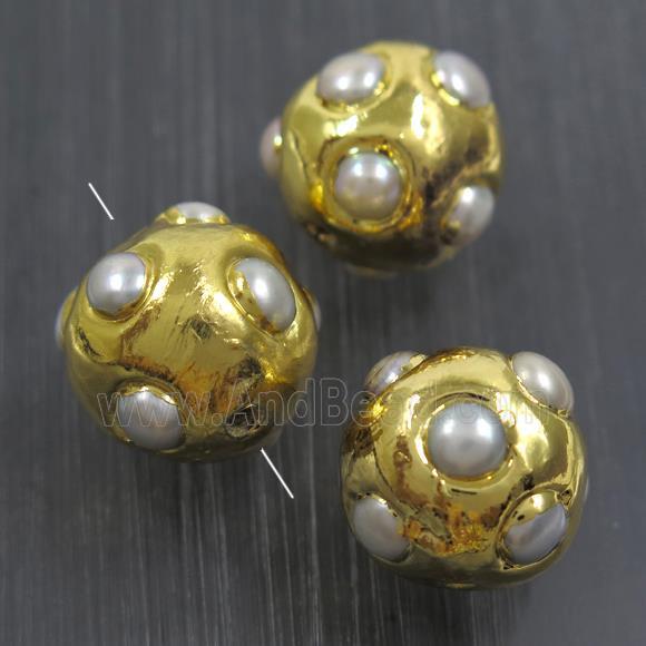 white freshwater Pearl beads, round, gold plated
