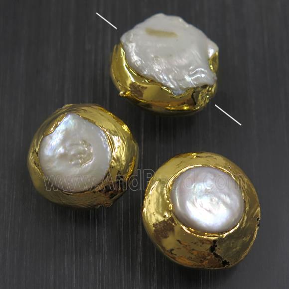 white baroque style Pearl beads, coin, gold plated