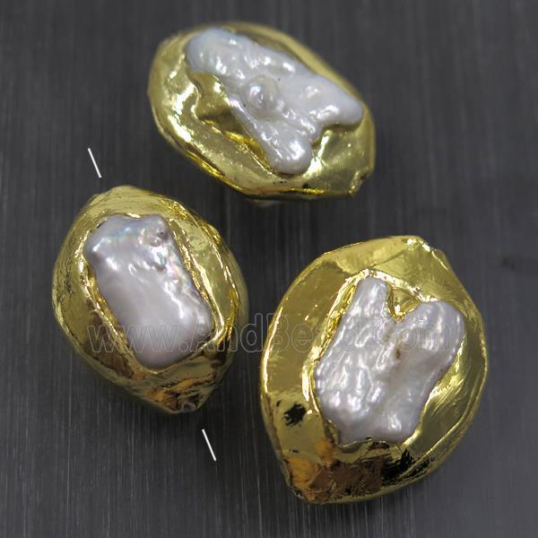 white baroque style Pearl beads, freeform, gold plated