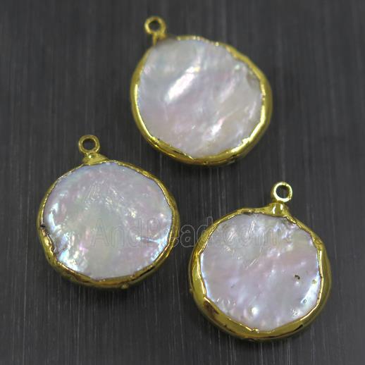 white freshwater Pearl pendants, circle, gold plated