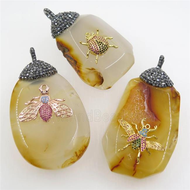natural Agate pendant paved rhinestone, honeybee, mixed