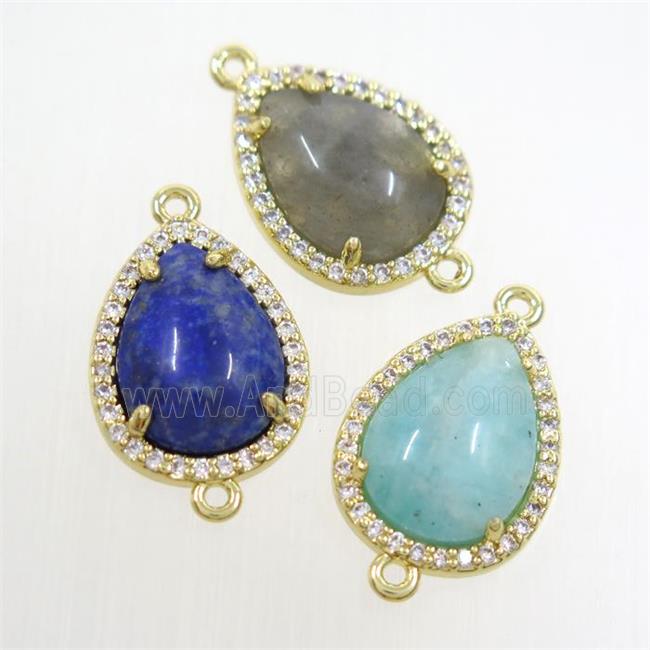 mix gemstone teardrop connector pave zircon, gold plated