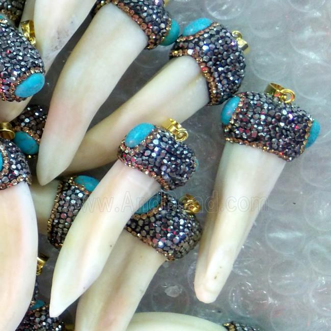 wolftooth pendant paved rhinestone with blue turquoise, horn