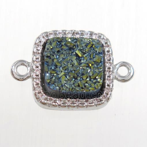 green druzy quartz square connector pave zircon, platinum plated