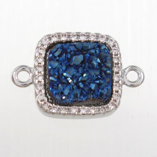 blue druzy quartz square connector pave zircon, platinum plated