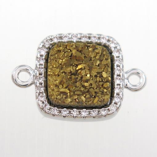 golden druzy quartz square connector pave zircon, platinum plated