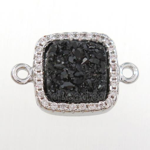 black druzy quartz square connector pave zircon, platinum plated