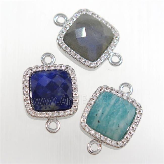mix gemstone square connector pave zircon, platinum plated