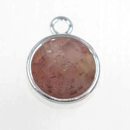 Strawberry Quartz circle pendant, platinum plated