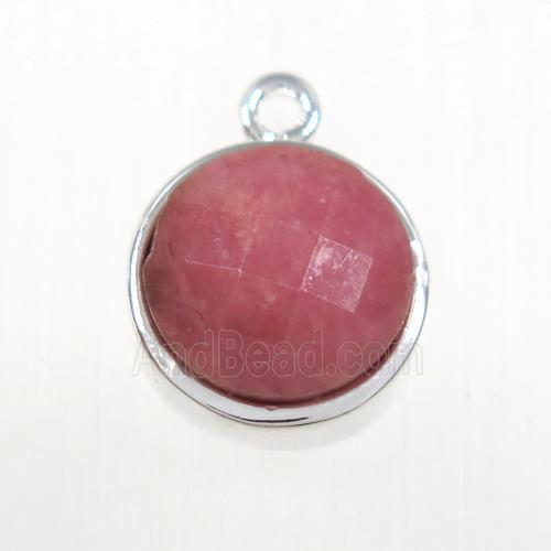 pink Rhodonite circle pendant, platinum plated