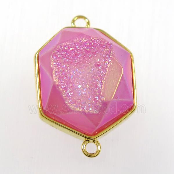 hotpink druzy agate connector, hexagon, gold plated