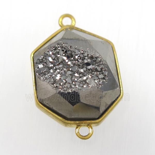 silver Druzy Agate connector, hexagon, gold plated