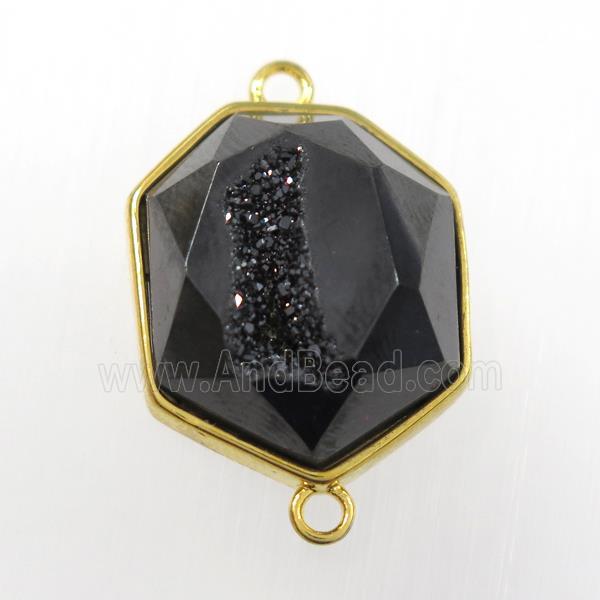 black druzy agate connector, hexagon, gold plated