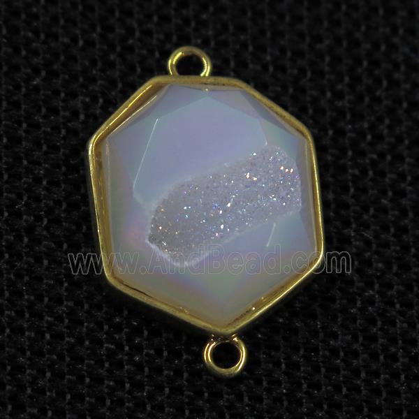 white AB-color druzy agate connector, hexagon, gold plated