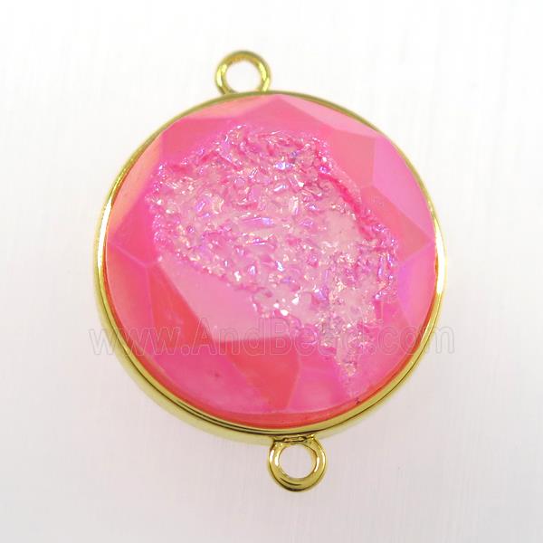 hotpink Druzy Agate connector, circle, gold plated