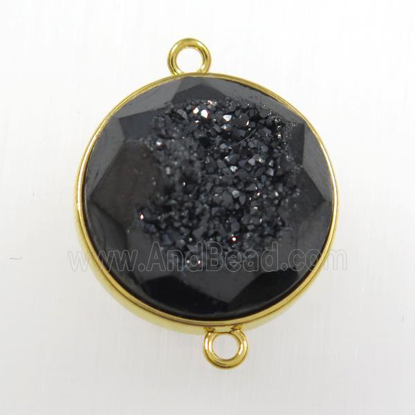 black druzy agate connector, circle, gold plated
