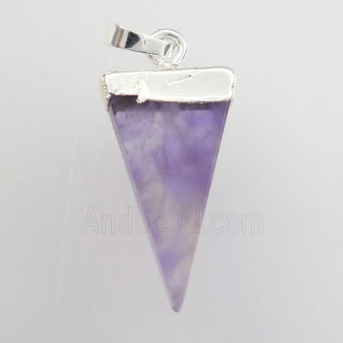 purple amethyst pendant, triangle, silver plated