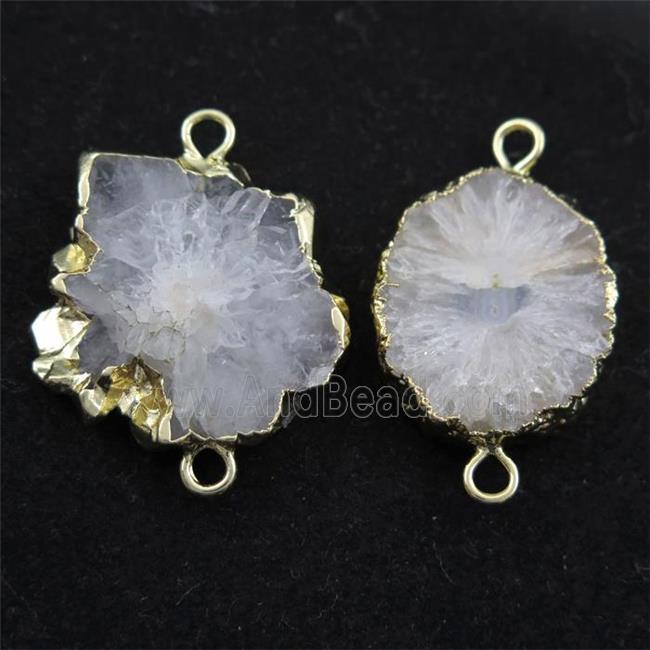 white Solar Druzy Quartz connector, freeform, gold plated