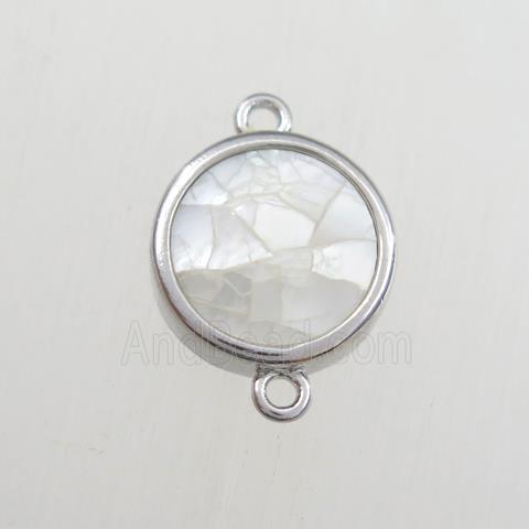 white Paua Abalone shell connector, circle, platinum plated