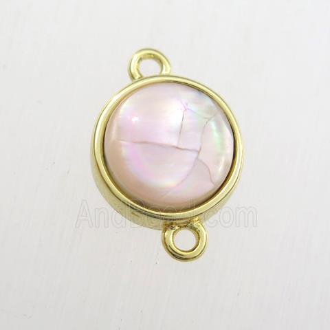 pink Paua Abalone shell connector, circle, gold plated