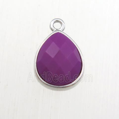 purple Jade pendant, teardrop, platinum plated