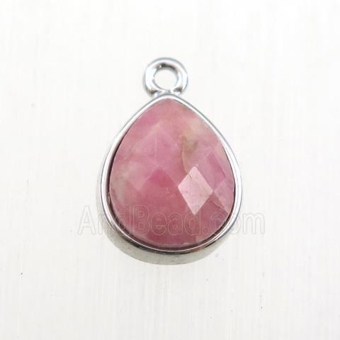 pink Rhodonite pendant, teardrop, platinum plated