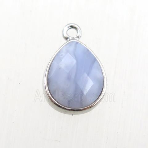 Blue Lace Agate pendant, teardrop, platinum plated