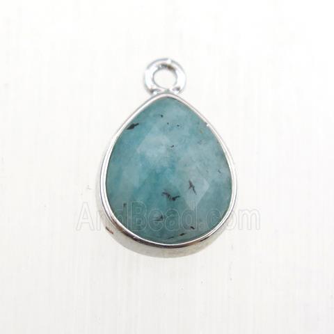 green Amazonite pendant, teardrop, platinum plated