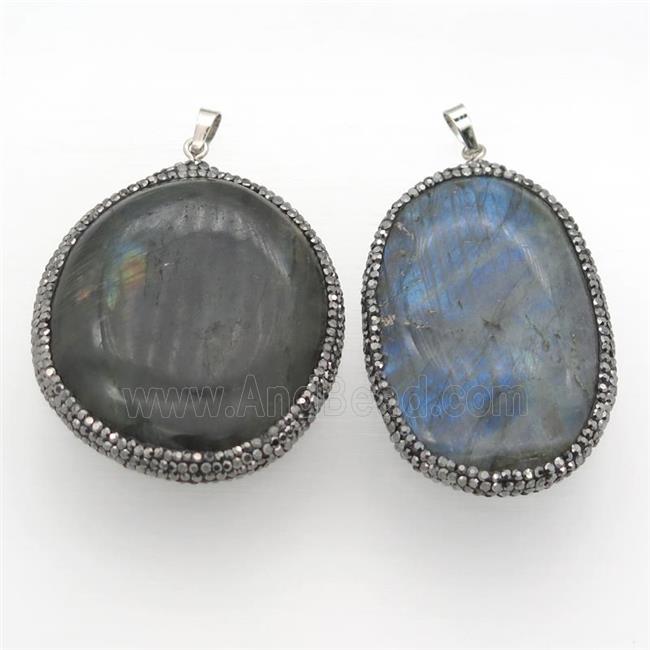 Labradorite slab pendant paved rhinestone, freeform