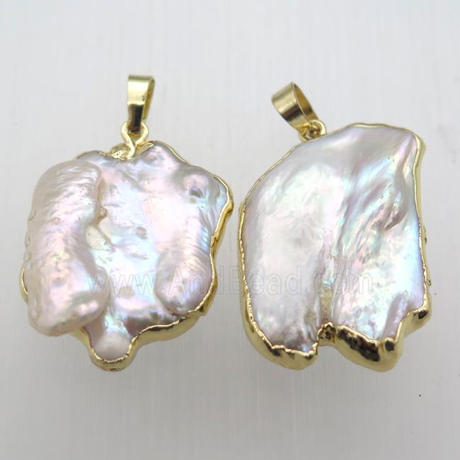 white pearl pendant, freeform, gold plated