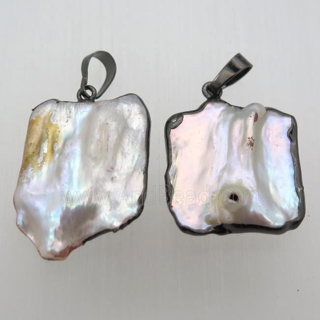 white pearl pendant, freeform, black plated