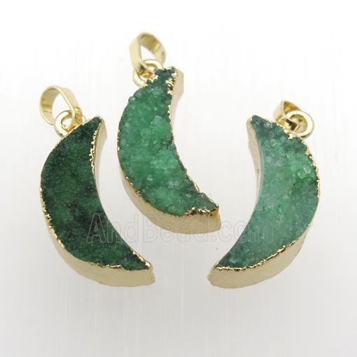green Quartz Druzy moon pendants, gold plated