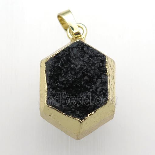 black Druzy Quartz hexagon pendant, gold plated