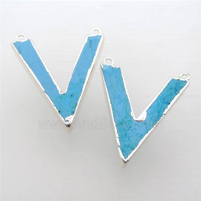 blue Turquoise pendant, letter-V, silver plated