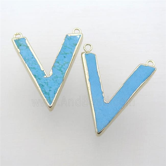 blue Turquoise pendant, letter-V, gold plated