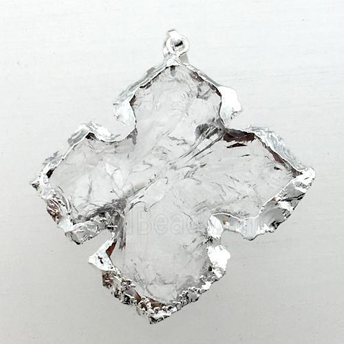 hammered Clear Quartz cross pendant, silver plated
