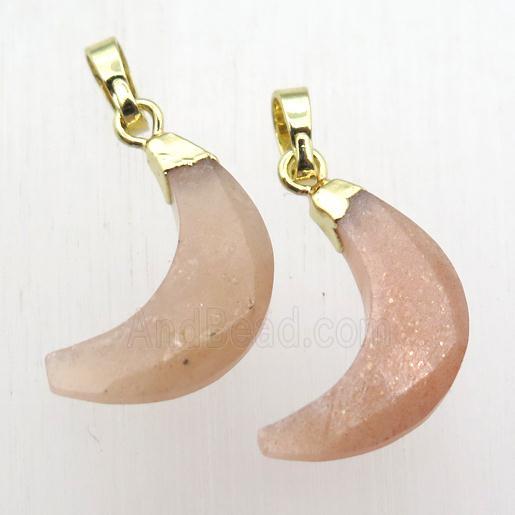 peach SunStone crescent moon pendant, gold plated