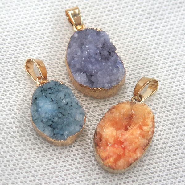 Quartz Druzy oval pendant, gold plated, mixed color