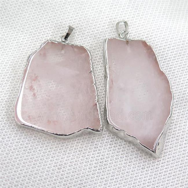 Rose Quartz slab pendant, freeform, platinum plated
