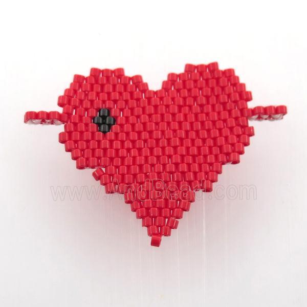 Handcraft heart connector with seed glass beads, red