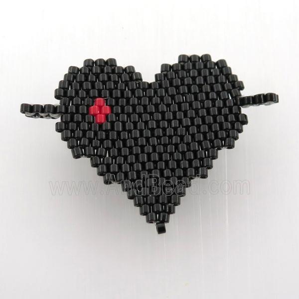 Handcraft heart connector with seed glass beads, black