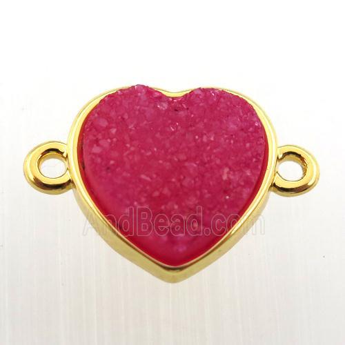 hotpink agate druzy heart connector, gold plated