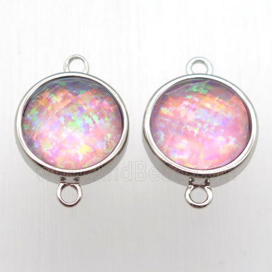 pink Fire Opal circle connector, synthetic, platinum plated