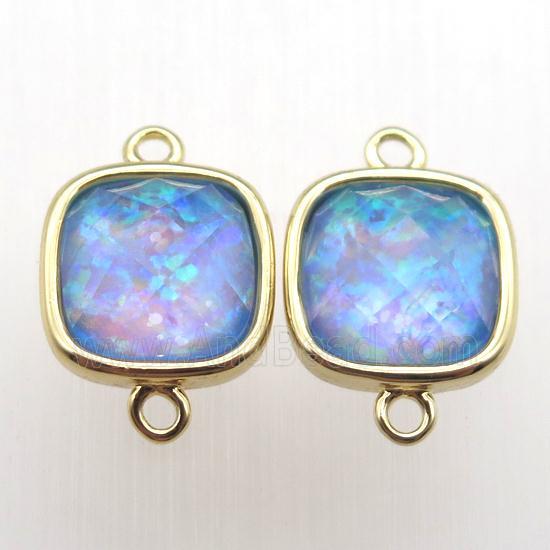 blue Fire Opal square connector, synthetic, gold plated