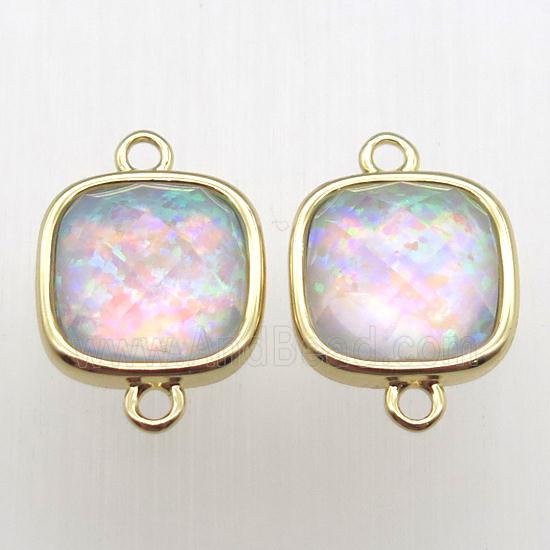 Fire Opal square connector, synthetic, gold plated