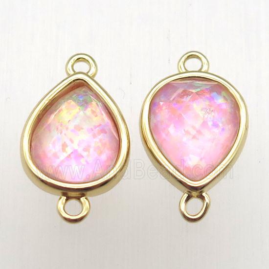 pink Fire Opal teardrop connector, synthetic, gold plated