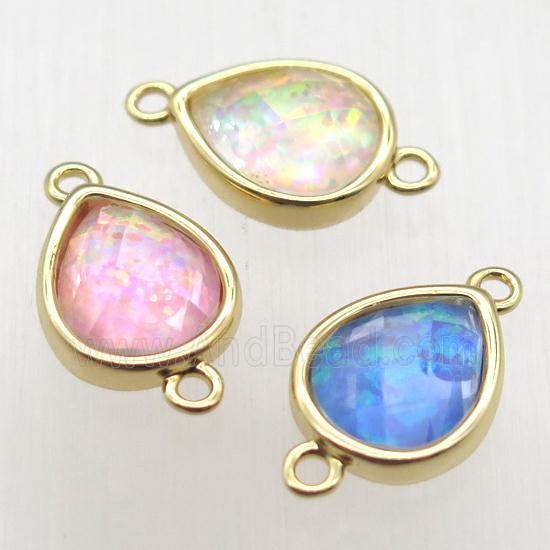 mixed color Fire Opal teardrop connector, synthetic, gold plated