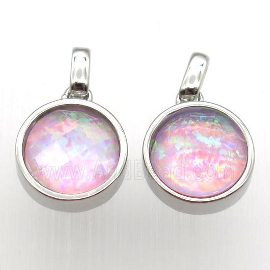 pink Fire Opal circle pendant, synthetic, platinum plated